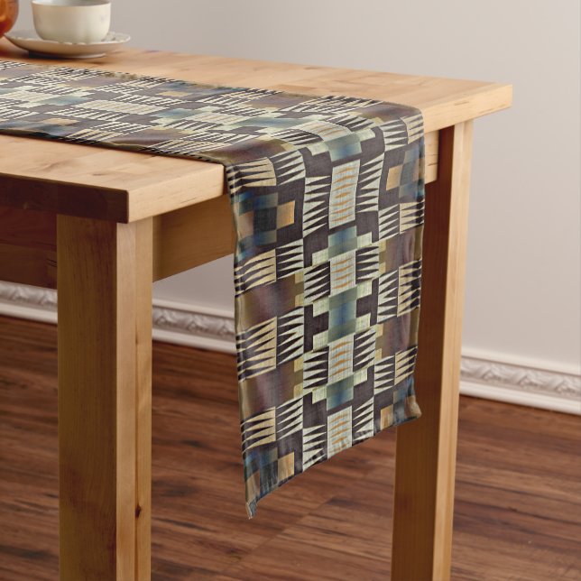 Teal Blue Grey Tan Taupe Brown Tribal Art Pattern Medium Table Runner (In Situ)