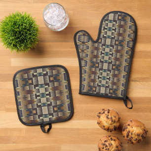 Teal Blue Grey Tan Taupe Brown Tribal Art Pattern Oven Mitt & Pot Holder Set