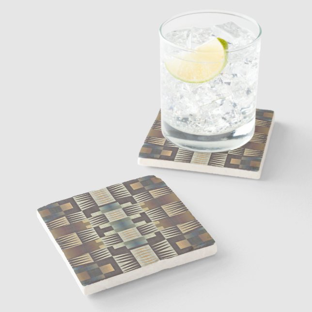 Teal Blue Grey Tan Taupe Brown Tribal Art Pattern Stone Coaster (Side)