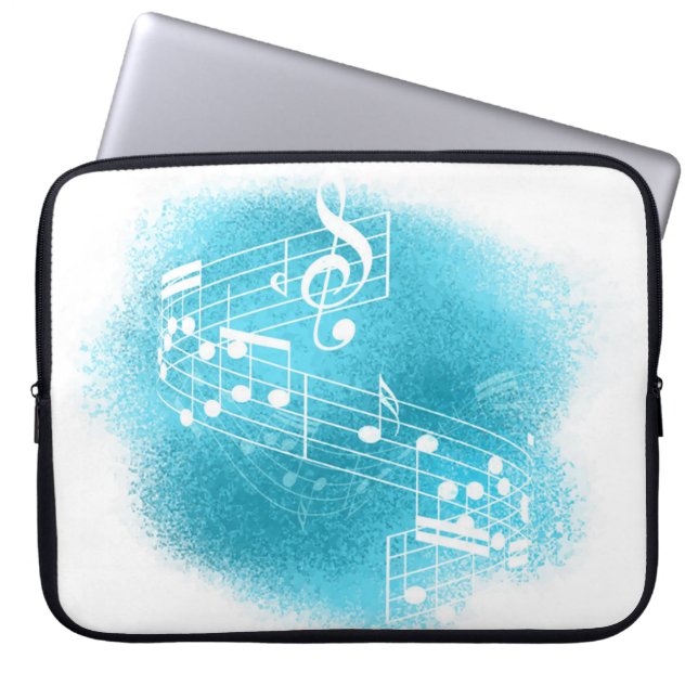 Teal Blue Grunge Musical Notes Background Laptop Sleeve (Front)