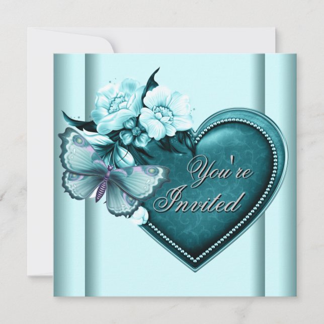 Teal Blue Heart Butterfly Teal Blue Party Invitation (Front)