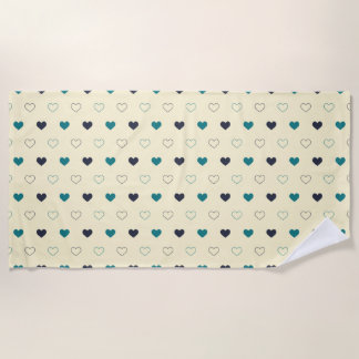 Teal & Blue Heart Pattern on Cream Background Beach Towel