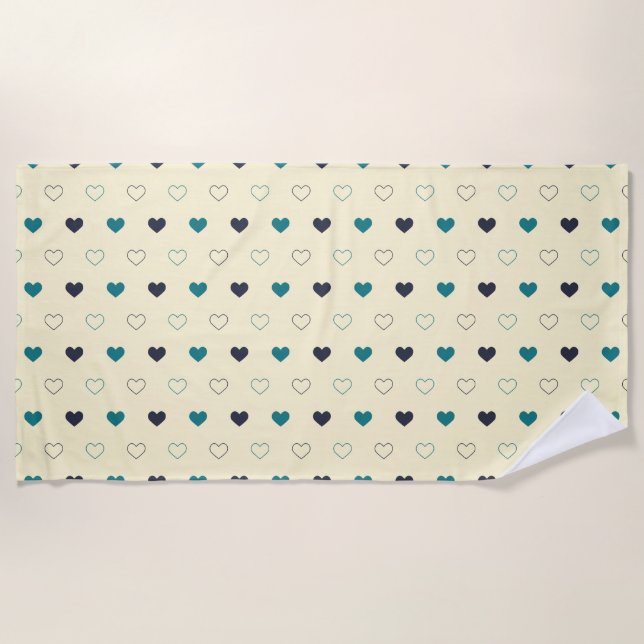 Teal & Blue Heart Pattern on Cream Background Beach Towel (Front)