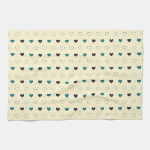 Teal & Blue Heart Pattern on Cream Background Kitchen Towel