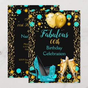Teal blue High Heels Gold Balloons Champagne Party Invitation