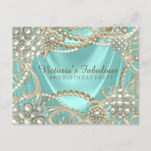 Teal Blue Ivory Pearl Birthday Party Invitation