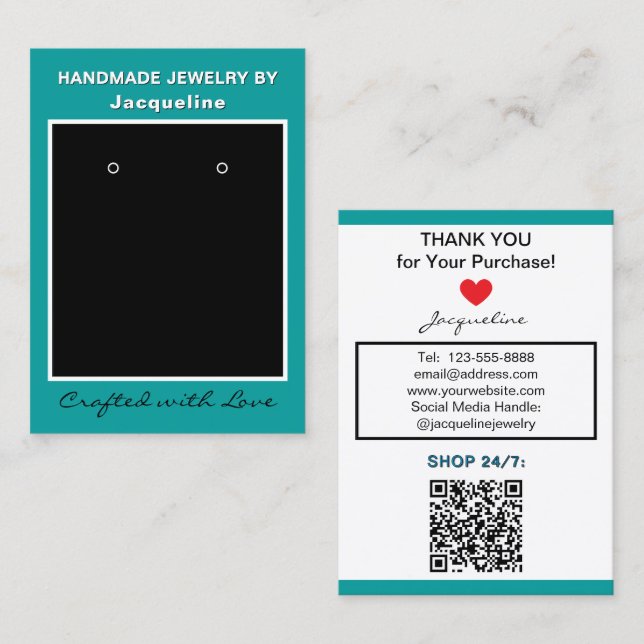 Teal Blue Jewelry Earrings Website QR Code Business Card (Front/Back)