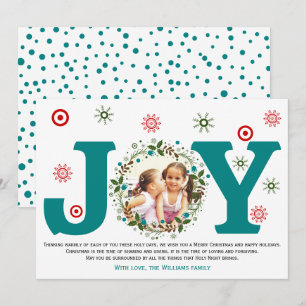 Teal blue Joy, Christmas floral wreath photo Holiday Card