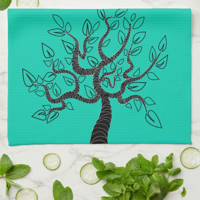 Teal Blue Kitchen Towel with Trees - Choose Colour (Folded)
