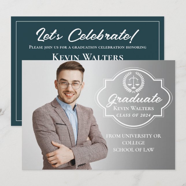Teal Blue Law School Graduation Party Photo Invitation (Front/Back)