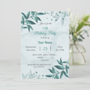 teal blue leaves botanical birthday party invitation
