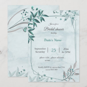 teal blue leaves floral geometric bridal shower invitation