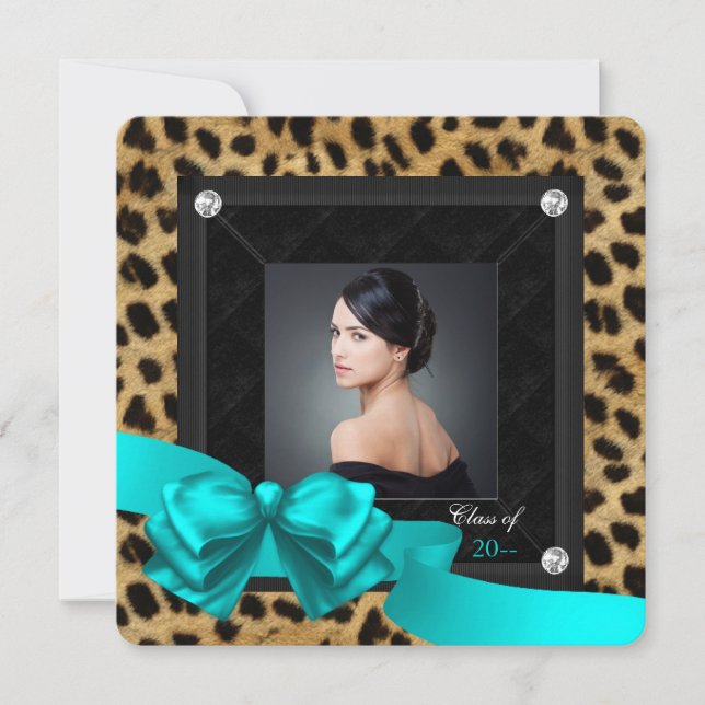 Teal Blue Leopard Graduation Announcements (Front)