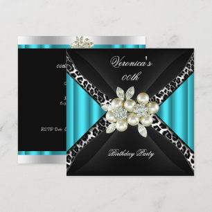 Teal Blue Leopard Pearl Diamond Birthday Party Invitation