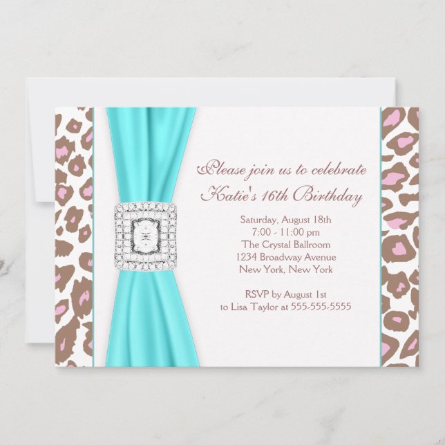 Teal Blue Leopard Sweet Sixteen Birthday Party Invitation (Front)