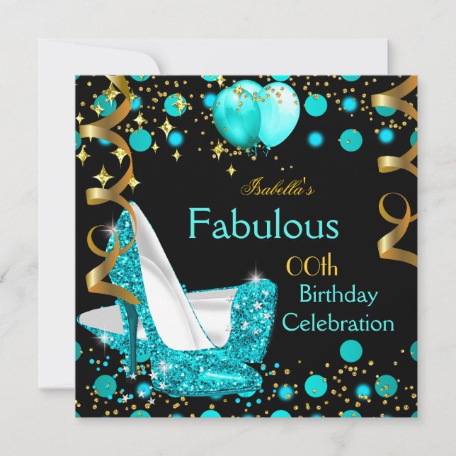 Teal Blue Lights High Heels Gold Birthday Party Invitation (Front)