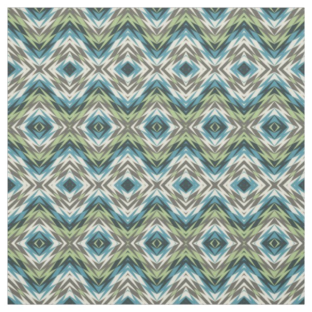Teal Blue Lime Green Taupe Aztec Mosaic Pattern Fabric (Swatch)