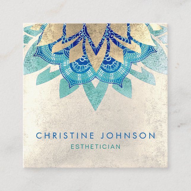 teal blue lotus flower aesthetician square business card (Front)