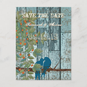 Teal Blue Love Bird Sitting in Tree Save the Date Announcement Postcard