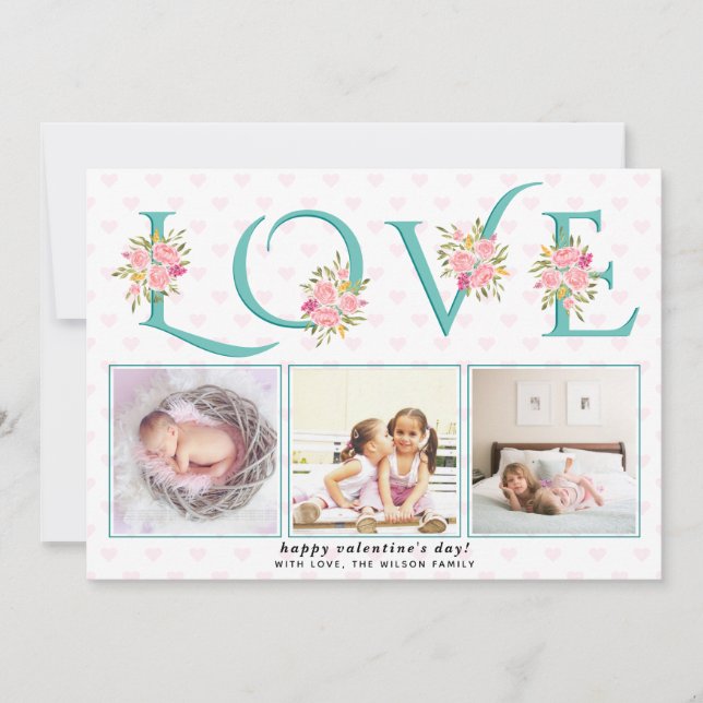Teal blue LOVE typography photo Valentines Day Holiday Card (Front)