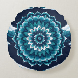 Teal Blue Mandala Flower Round Throw Pillow   Boho