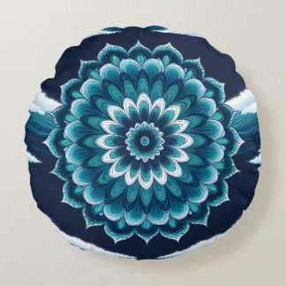 Teal Blue Mandala Flower Round Throw Pillow | Boho