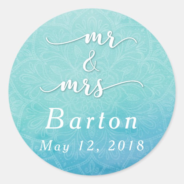 Teal & Blue Mandala Wedding Celebration Classic Round Sticker (Front)