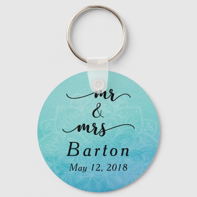 Teal & Blue Mandala Wedding Celebration Keychain (Front)