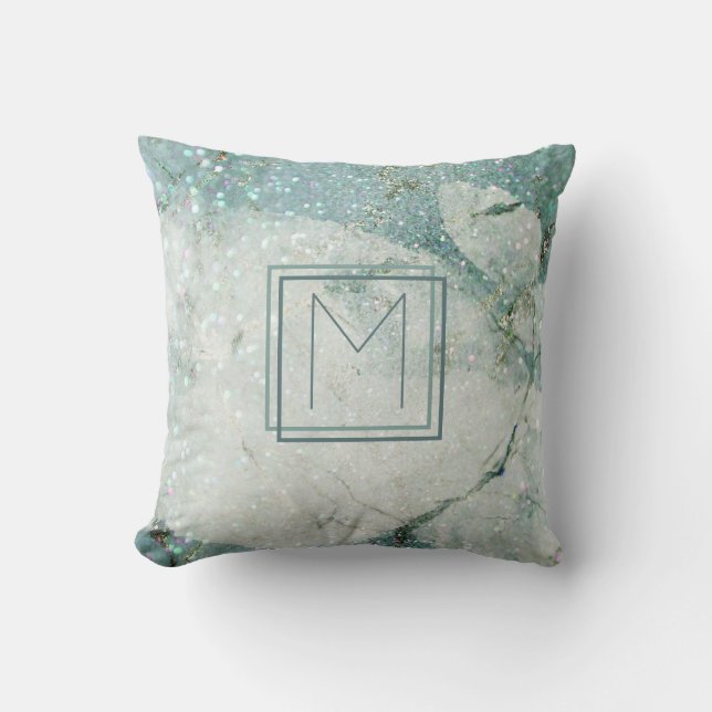Teal Blue Marble Abstract Monogram Frame Throw Pillow (Front)
