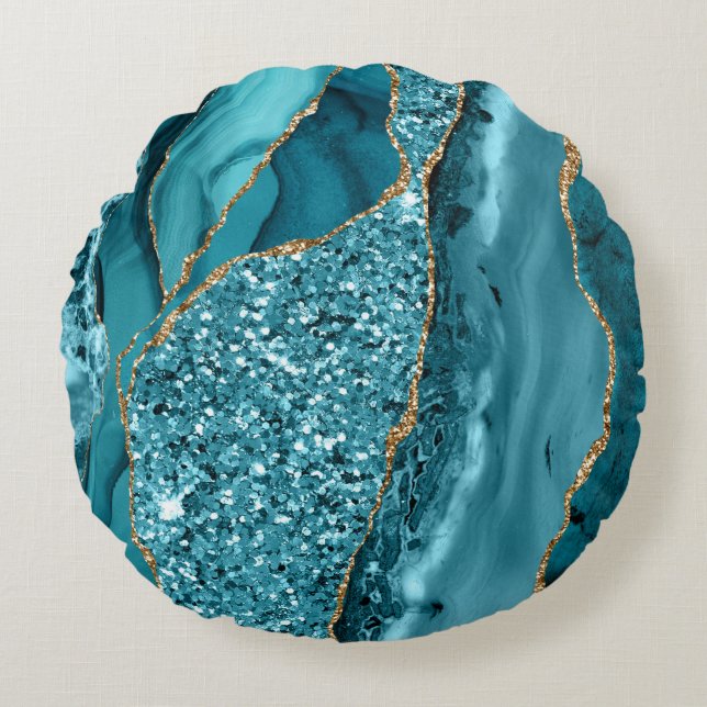 Teal Blue Marble Geode Gold Glitter Agate Round Pillow (Front)