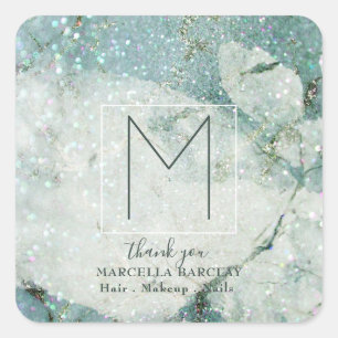 Teal Blue Marble Sparkle Monogram Square Sticker