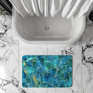 Teal Blue Marble Texture with Gold Veins Bath Mat
