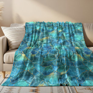 Teal Blue Marble Texture with Gold Veins Fleece Blanket