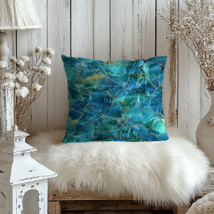 Teal Blue Marble Texture with Gold Veins Throw Pillow