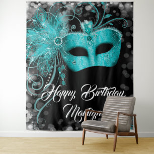 Teal Blue Masquerade Birthday Party Backdrop Tapestry