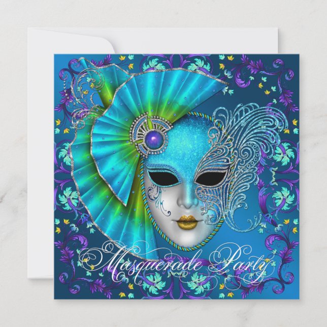 Teal Blue Masquerade Party Invitations (Front)