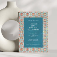 Teal Blue Medallion Border Folk Pattern Birthday