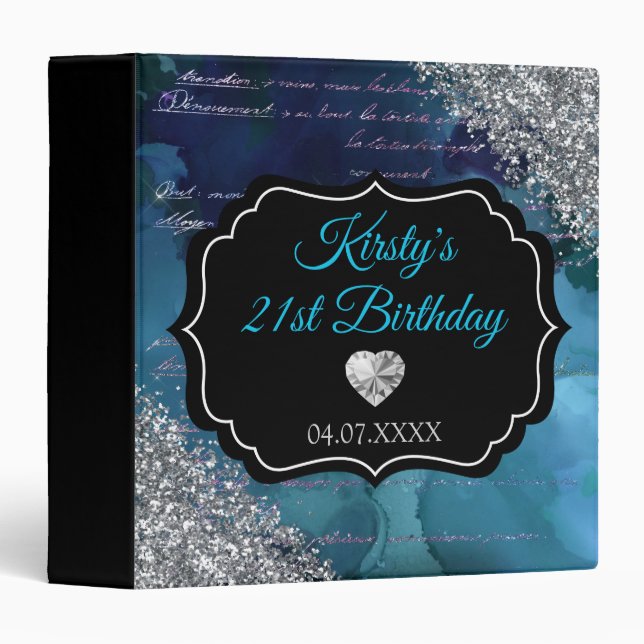 Teal Blue Mermaid Glitter Birthday Photo Album Binder (Front/Spine)
