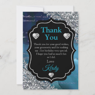 Teal Blue Mermaid Letters Silver Glitter Thank You Card