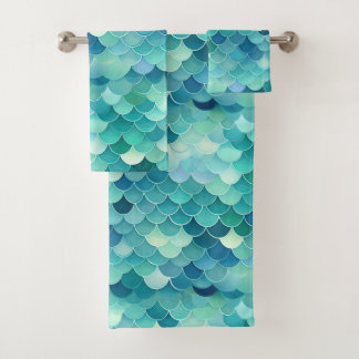 Teal Blue Mermaid Scale Pattern Bath Towel Set
