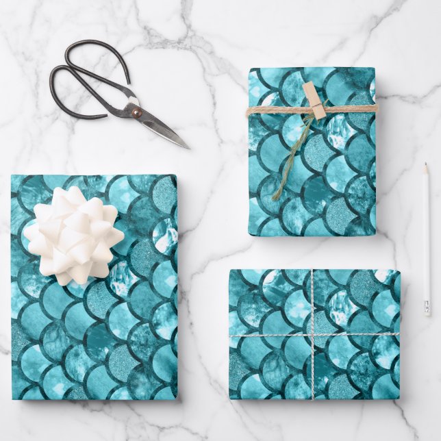 Teal Blue Mermaid Scales Pattern Wrapping Paper Sheet (Front)