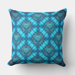Teal Blue Metal Flowers with Gems Pattern Outdoor Pillow