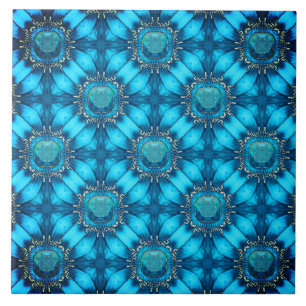 Teal Blue Metal Flowers with Gems Pattern Tile