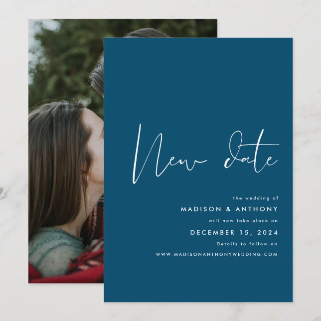 Teal Blue Minimalist Photo New Date Wedding  Announcement (Front/Back)