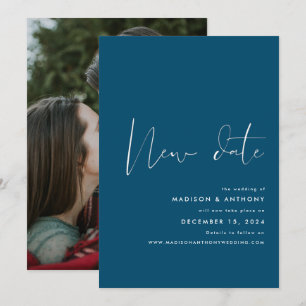 Teal Blue Minimalist Photo New Date Wedding  Announcement