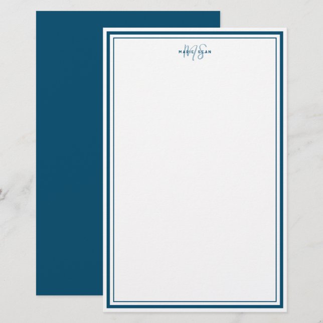 Teal Blue Minimalist Simple Monogram Two Border  Stationery (Front/Back)
