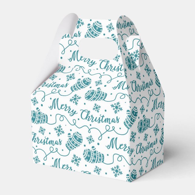 Teal Blue Mittens Pattern Christmas Favor Box (Front Side)
