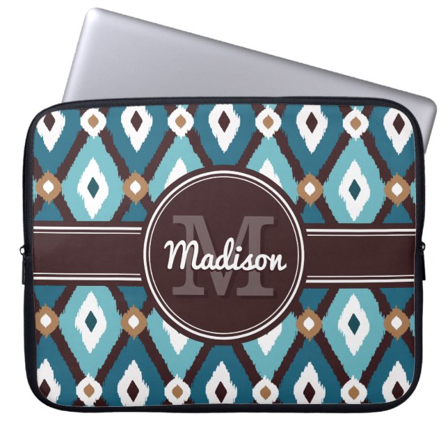 Teal Blue / Mocha Brown Boho Ikat Diamond Pattern Laptop Sleeve (Front)