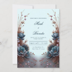 Teal Blue Modern Symmetrical Botanical Wedding Invitation