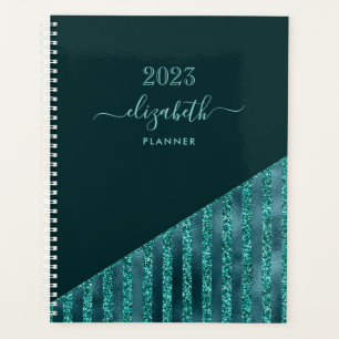 Teal Blue Modern Trendy Glam Glitter Personalized Planner